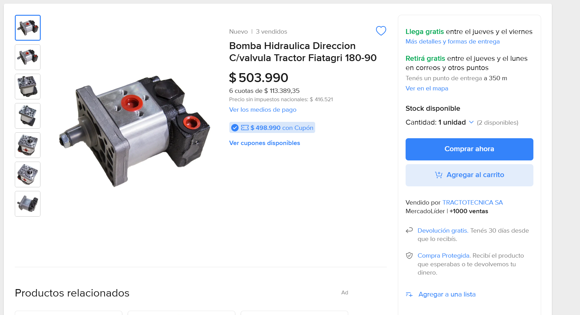 Captura de la publicación actual de la bomba hidráulica en Mercado Libre